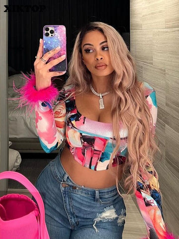 XIKTOP Aesthetic Printed T-shirts Women 2023 Stylish Feather Cuffs Y2K Clothes Sexy Slim Square Neck Crop Top Vacation Street