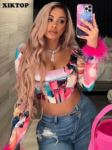 XIKTOP Aesthetic Printed T-shirts Women 2023 Stylish Feather Cuffs Y2K Clothes Sexy Slim Square Neck Crop Top Vacation Street