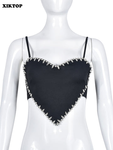 XIKTOP Rhinestone Printed Crop Top Women 2023 Sexy Spaghetti Strap Backless Chest Wrap Y2K Slim Tank Top Stylish Basic Street