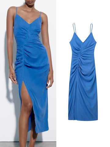 TRAF Summer Women Solid Dress 2023 New Beach Style V-Neck Pleated Decoration Mid-Calf Side Slit Sheath Spaghetti Strap Dress