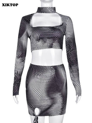 XIKTOP Geometric Printed Skirt Set Women 2 Pieces Sexy Hollow Out Crop Top+Lace-up Slim Skirt Outfits Y2K Party Streetwear Suit