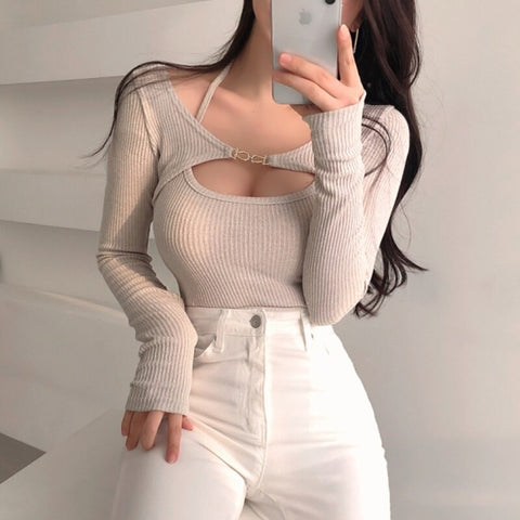 Women Skinny Long Sleeve Blouse T-Shirt Summer Sexy Girl Cutout Crop Top Knitted Chic Detachable Two Piece Tops Streetwear