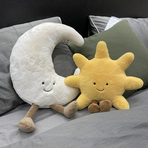 Adorable Smile Face White Moon Yellow Sun Plushie Stuffed Cute Cartoon Weather Plush Toy for Kid Bedroom Decor Sofa Throw Pillow