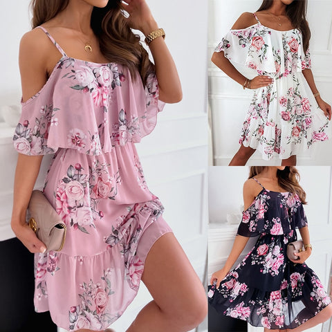 Women Floral Print Dress Summer Sexy Off Shoulder Ruffle Short Sleeve Dress Vestidos 2023 Elegant Casual Spaghetti Strap Dresses
