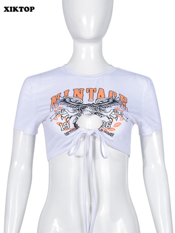 XIKTOP Printed Slit Tshirt Women 2023 Summer Sexy Lace-up Y2K Clothes Casual All-Matching Crop Top Female Streetwear