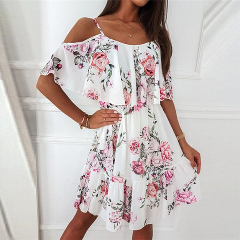 Women Floral Print Dress Summer Sexy Off Shoulder Ruffle Short Sleeve Dress Vestidos 2023 Elegant Casual Spaghetti Strap Dresses