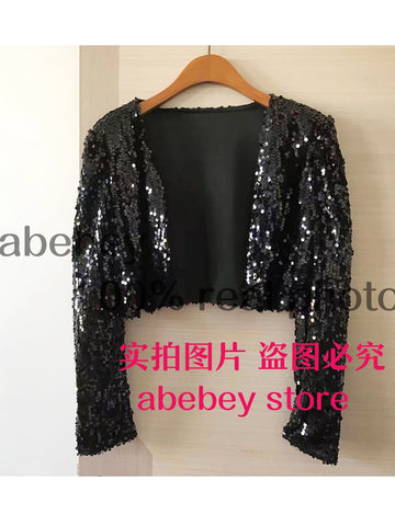 Sequins Patch Jacket Women Spring Long Sleeve Gold Silver Shiny Crop Top Dance Party Korean Slim Open Stitch Female