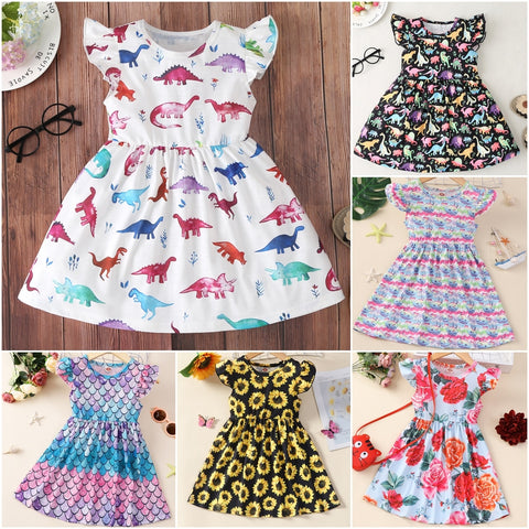 Summer Dress for Girls Lovely Cartoon Animal Dinosaur Flying Sleeve Kids Dresses Cotton Ruffles New Toddler Girl Clothes 1-7Y
