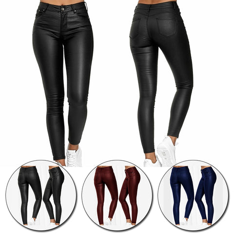 Women PU Leather Leggings Pants Solid Casual Sexy Stretch Bodycon Trousers High Waist Skinny Pencil Pants Fashion Slim Fit