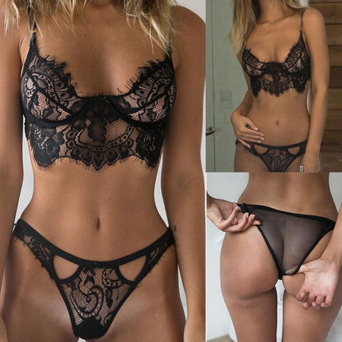 Women&#39;s Sexy Lace Underwear Set Erotic Ladies Lingerie See-through Bra Thong Mini Babydoll Briefs Underpants Black Bodysuit