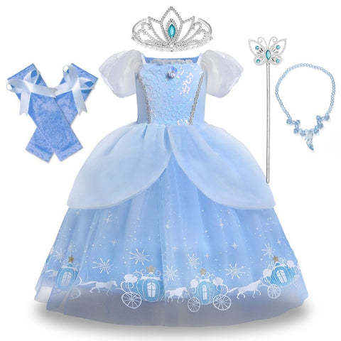 Disney Girls Luxury Cinderella Princess Dress Kids Sequins Flower Tulle Frock Ball Gown Children Halloween Party Cosplay Costume
