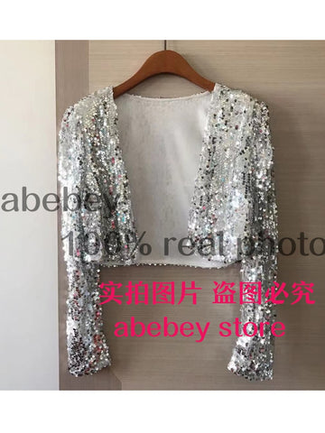 Sequins Patch Jacket Women Spring Long Sleeve Gold Silver Shiny Crop Top Dance Party Korean Slim Open Stitch Female
