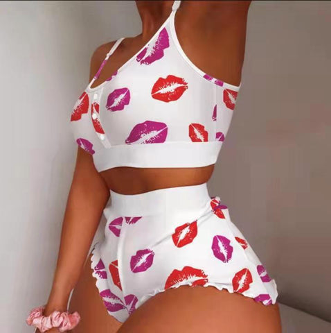 Underwear Set Women Sexy Soft Tank Crop Top Bra Set  Cute Strawberry Print Bra Set Lace Seamless Bralette Pajamas Lingerie