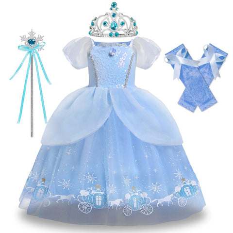 Disney Girls Luxury Cinderella Princess Dress Kids Sequins Flower Tulle Frock Ball Gown Children Halloween Party Cosplay Costume