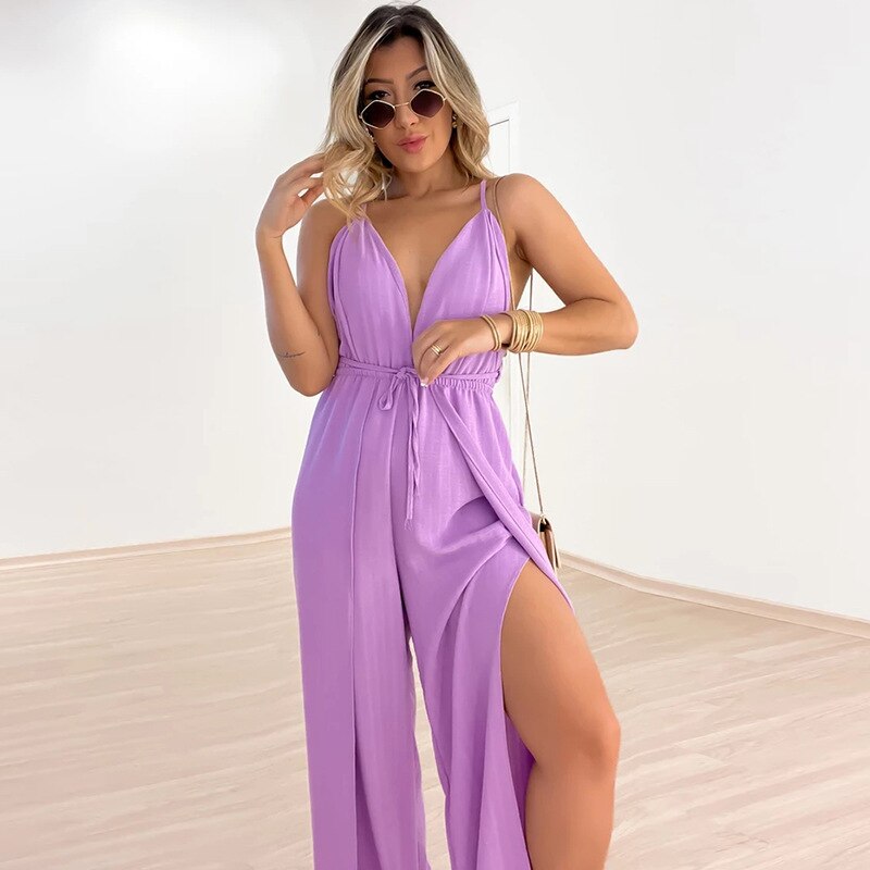 Olivekwok Streetwear Spaghetti Strap Deep V-neck Summer Jumpsuit Fashion Side Slit Backless Elegant Sexy Party Playsuit Overalls