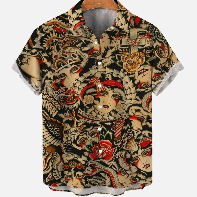 Men&#39;s Summer Dragon Pattern Element Street Costumes Skeleton Luxury Floral Social Casual Masculina Hawaiian Short Sleeve Shirt