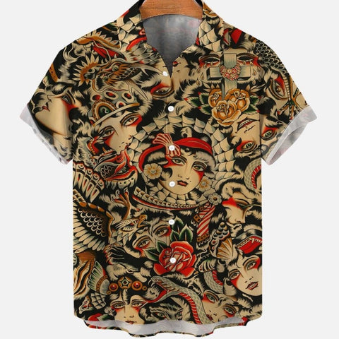Men&#39;s Summer Dragon Pattern Element Street Costumes Skeleton Luxury Floral Social Casual Masculina Hawaiian Short Sleeve Shirt