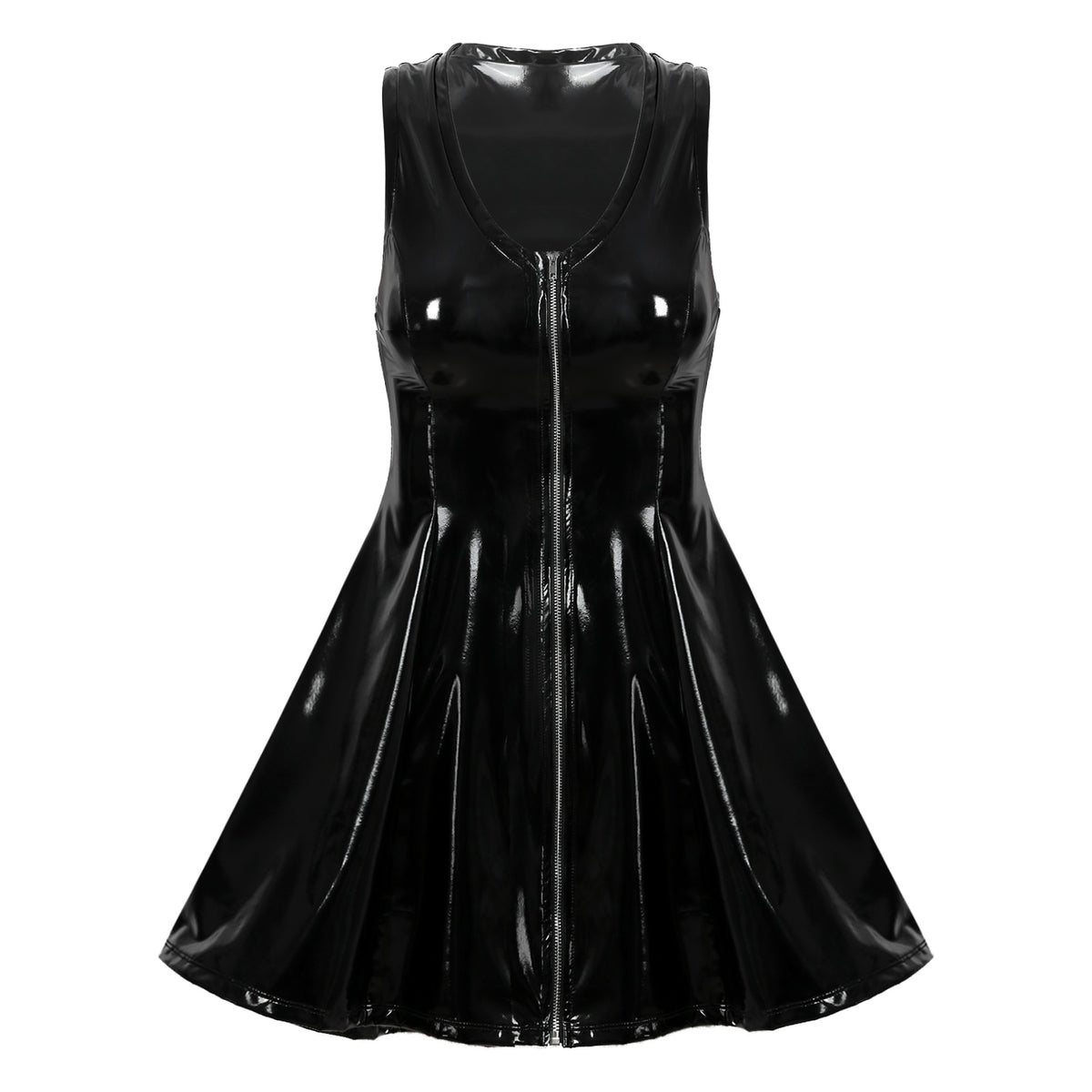 Sexy Womens Dress Clubwear Wetlook Latex Bodycon Costume Glossy V Neck Zipper Wet Look Patent Leather Sleeveless Flared Dresses