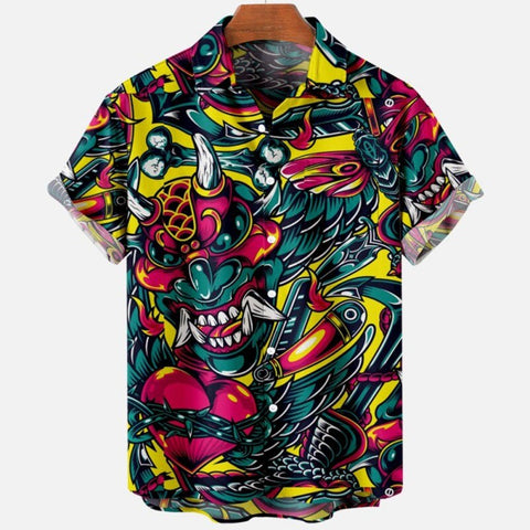 Men&#39;s Summer Dragon Pattern Element Street Costumes Skeleton Luxury Floral Social Casual Masculina Hawaiian Short Sleeve Shirt