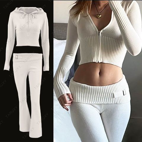 TARUXY Spring New Hoodie Cropped Top And Pants Sets White Y2k Casual Outfits Low Waist Knit Two Piece Sets For Women Tracksuit
