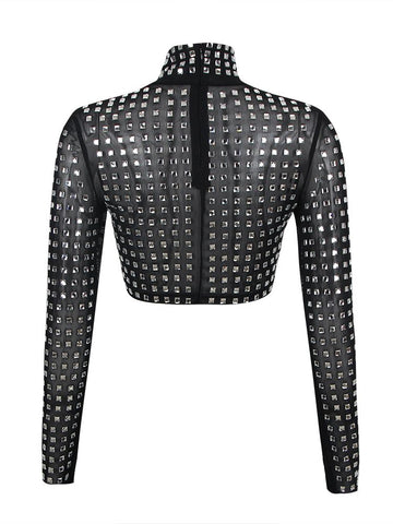 Women Long Sleeve Crop Top Evening Party Crystal Bandage Jacket Elegant Sexy Mesh Birthday Club Outfits 2023 New Fashion