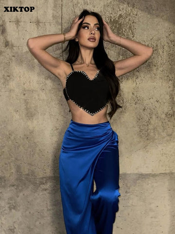 XIKTOP Rhinestone Printed Crop Top Women 2023 Sexy Spaghetti Strap Backless Chest Wrap Y2K Slim Tank Top Stylish Basic Street
