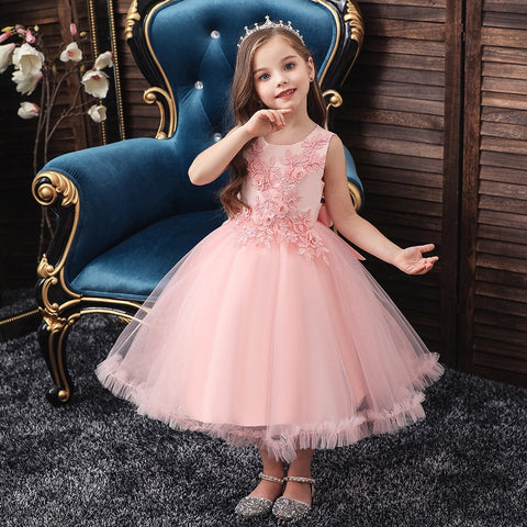 Pink Knee-Length Tulle Flower Girl Dress For Kids Round Neck Embroidered Child Party Dress For Girl 3-12 Years Old Sleeveless