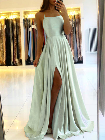 Women Spaghetti Strap Satin Prom Dress Long Elegant Mint Green Backless Summer A-line Maxi Evening Party Gown Vestidos Gala