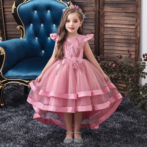 Summer New Children Fashion Embroidery Pearl Trailing Dress Middle And Big Children Party Flower Girl Piano Performance Clothing