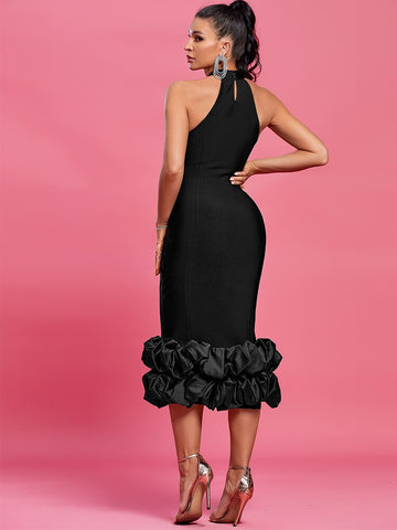 Midi Bandage Dress Black Elegant Party Womens Dresses Bodycon Elegant Sexy Ruffle Evening Birthday Club Outfits 2023 Summer