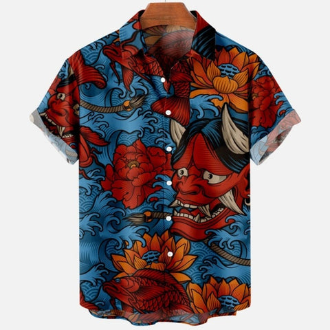 Men&#39;s Summer Dragon Pattern Element Street Costumes Skeleton Luxury Floral Social Casual Masculina Hawaiian Short Sleeve Shirt