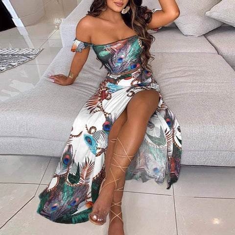 Summer New Women Sexy Slim Two Piece Set Off Shoulder Split Floral Print Crop Tops And Long Skirt Suit Lady Elegant 2 Piece Sets