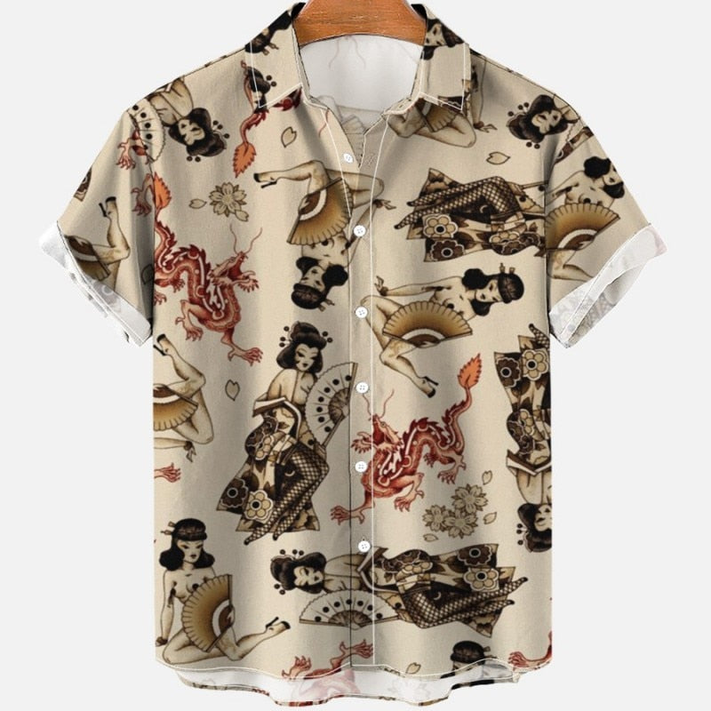 Men&#39;s Summer Dragon Pattern Element Street Costumes Skeleton Luxury Floral Social Casual Masculina Hawaiian Short Sleeve Shirt