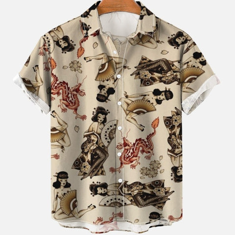 Men&#39;s Summer Dragon Pattern Element Street Costumes Skeleton Luxury Floral Social Casual Masculina Hawaiian Short Sleeve Shirt