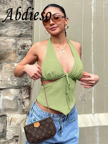 Abdieso Y2K Backless Sexy Cut Out Summer Crop Top Women Black Streetwear Fashion 2023 Halter Neck Sleeveless Lace Up Tank Tops