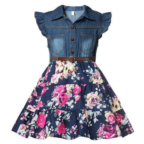 Summer Girls Denim Floral Dress Baby Kids Fashion Outfit Party Dress with Rose 2-10Y Children Flying Short Sleeve Casual Clothes