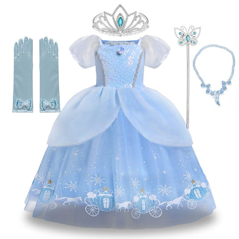 Disney Girls Luxury Cinderella Princess Dress Kids Sequins Flower Tulle Frock Ball Gown Children Halloween Party Cosplay Costume