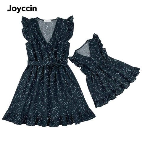 Joyccin Mother Kids Cross Wrap V-neck Clothing Ruffle Flutter-sleeve Family Matching Outfits All Over Dots Boho Vacation Dresses