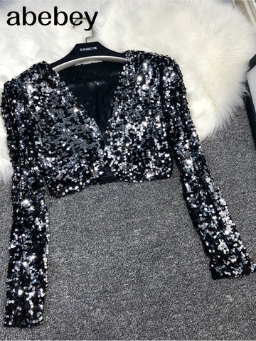 Sequins Patch Jacket Women Spring Long Sleeve Gold Silver Shiny Crop Top Dance Party Korean Slim Open Stitch Female