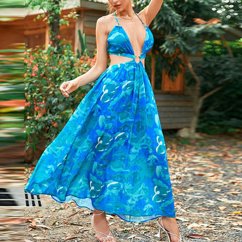 Sexy Deep V Spaghetti Strap Backless Split Long Skirts Lady Evening Dress Women Fashion Elegant Floral Print Solid Color Dresses