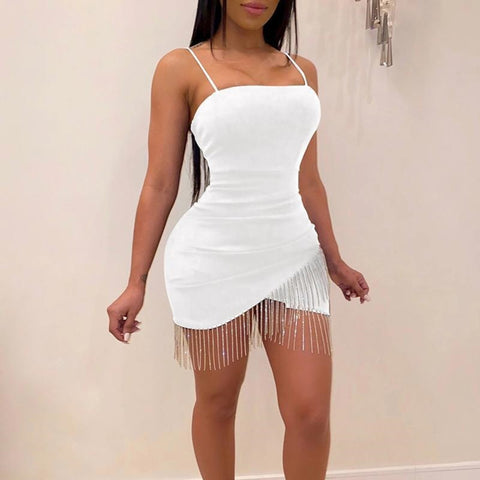 Tassel Diamonds Dress Women Spaghetti Straps Backless Split Bodycon Dress Party Nightclub Elegant Summer Bodycon Dress