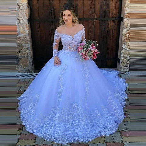 White Princess Ball Gown Wedding Dress 2022 Lace Appliques Long Sleeves Wedding Gowns Plus Size Robe De Mariee
