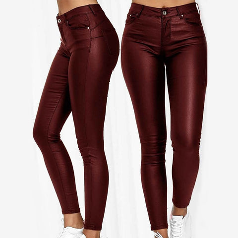 Women PU Leather Leggings Pants Solid Casual Sexy Stretch Bodycon Trousers High Waist Skinny Pencil Pants Fashion Slim Fit