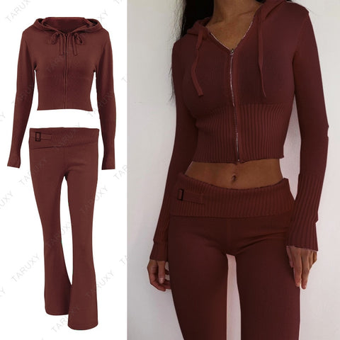 TARUXY Spring New Hoodie Cropped Top And Pants Sets White Y2k Casual Outfits Low Waist Knit Two Piece Sets For Women Tracksuit