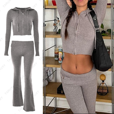 TARUXY Spring New Hoodie Cropped Top And Pants Sets White Y2k Casual Outfits Low Waist Knit Two Piece Sets For Women Tracksuit