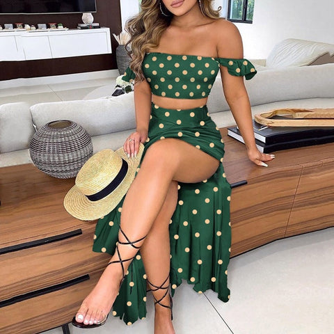 Summer New Women Sexy Slim Two Piece Set Off Shoulder Split Floral Print Crop Tops And Long Skirt Suit Lady Elegant 2 Piece Sets