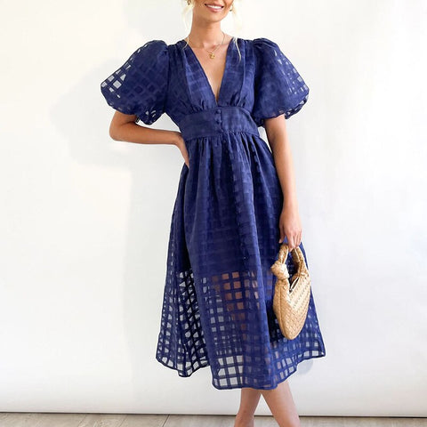 High Waist Lantern Sleeve V Neck Dress Solid Color Mesh Yarn Button Long Dress Casual Elegant Party Dresses Women Summer Vestido