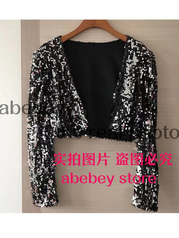 Sequins Patch Jacket Women Spring Long Sleeve Gold Silver Shiny Crop Top Dance Party Korean Slim Open Stitch Female