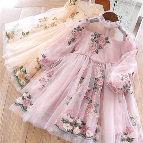 New Girls Elegant Dress Wedding Party Princess Dress Casual Girls Clothes Long Sleeves Flower Embroidery Children's Vestido 3 8Y