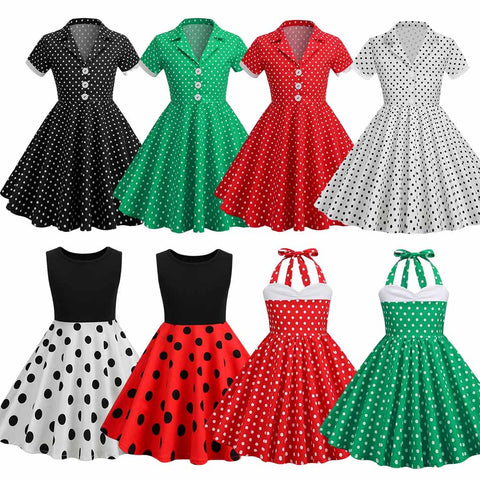 Kids Girls 50s Audrey Vintage Polka Dot Swing Party Rockabilly Dress Retro Peter Pan Doll Collar Wedding Casual Skater Dress